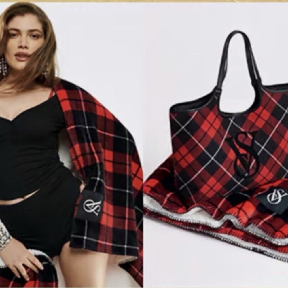 Victoria’s Secret Plaid Tote Weekender Bag And Cozy Sherpa Blanket Set